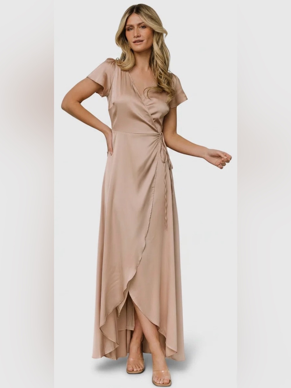 Baltic Born Krystal Champagne Satin Wrap Maxi Gown Dress Small